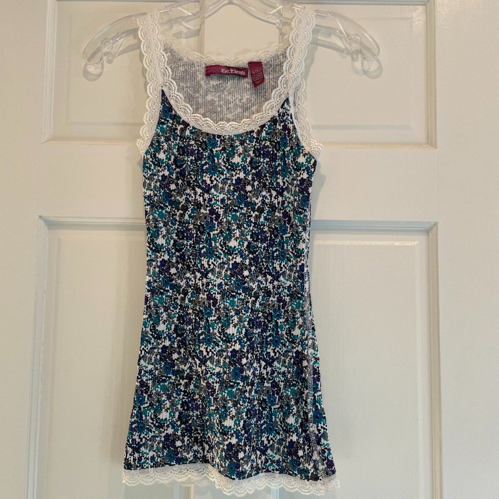 Epic Threads Sleeveless Lace Trim Ribbed Tank Top Blue Floral Girls Size XL